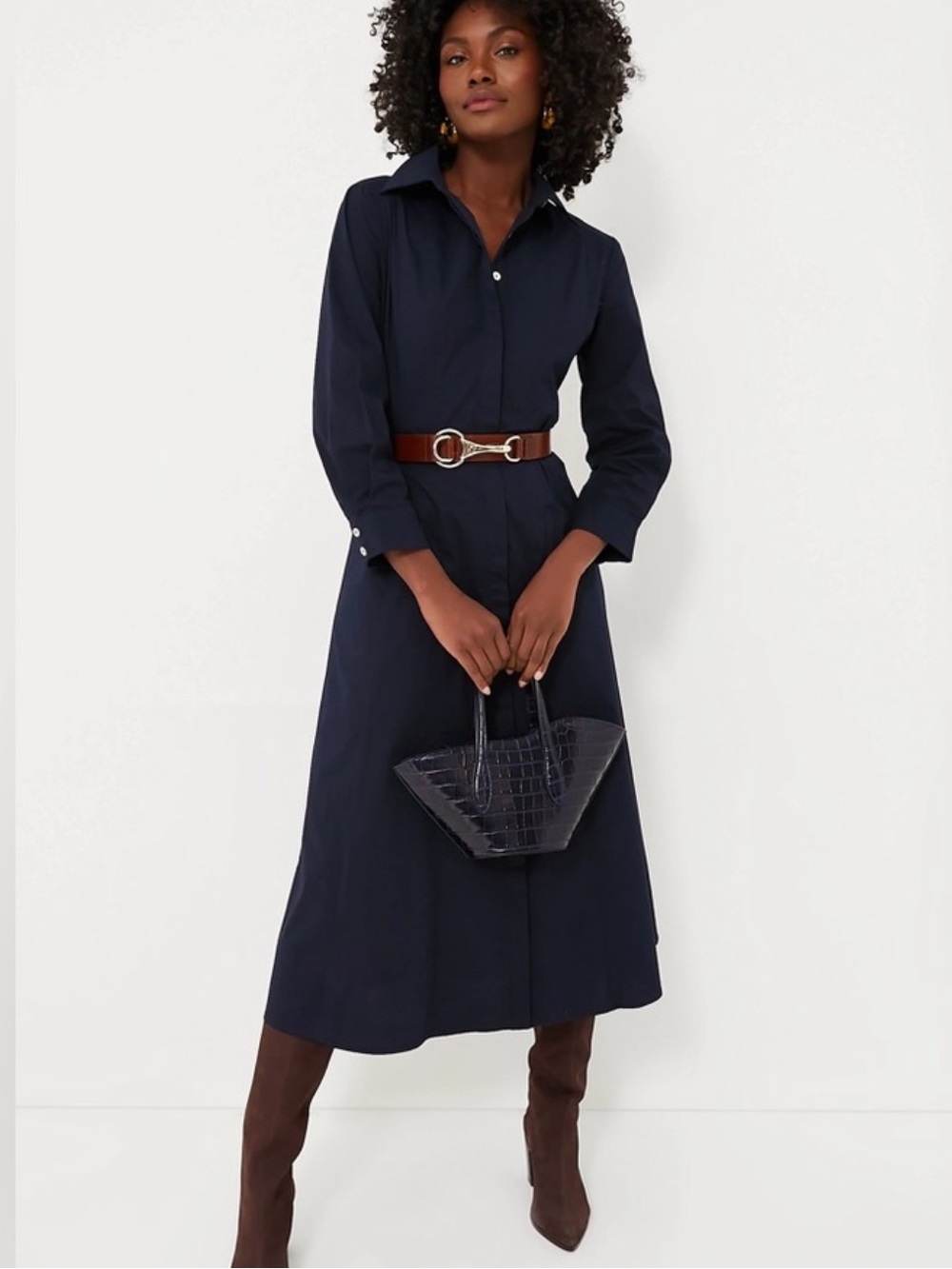 Tuckernuck Briana Navy Blue Button Front Collared Midi Dress Large